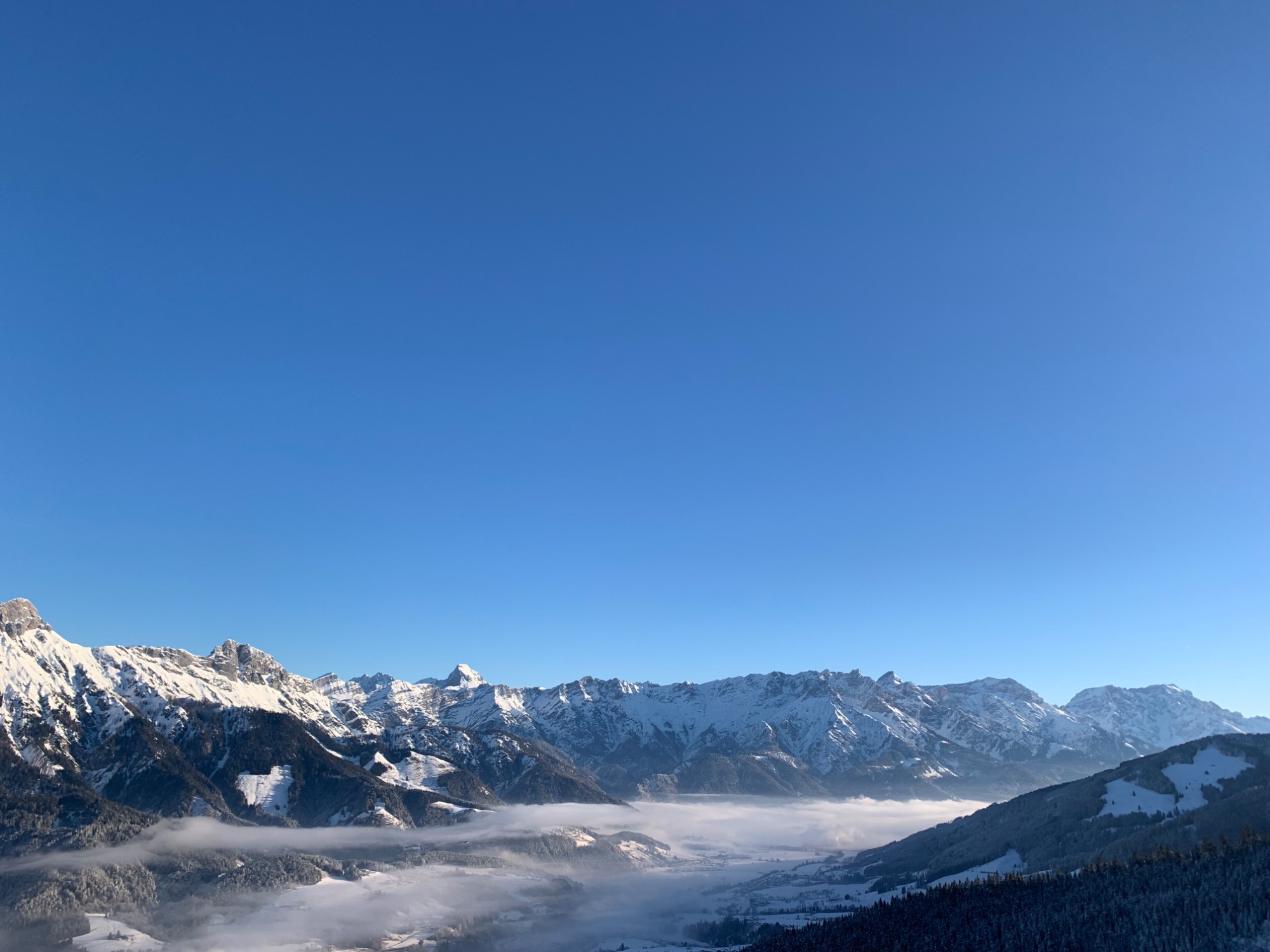 Leogang valley from above, Austrian Alps in winter